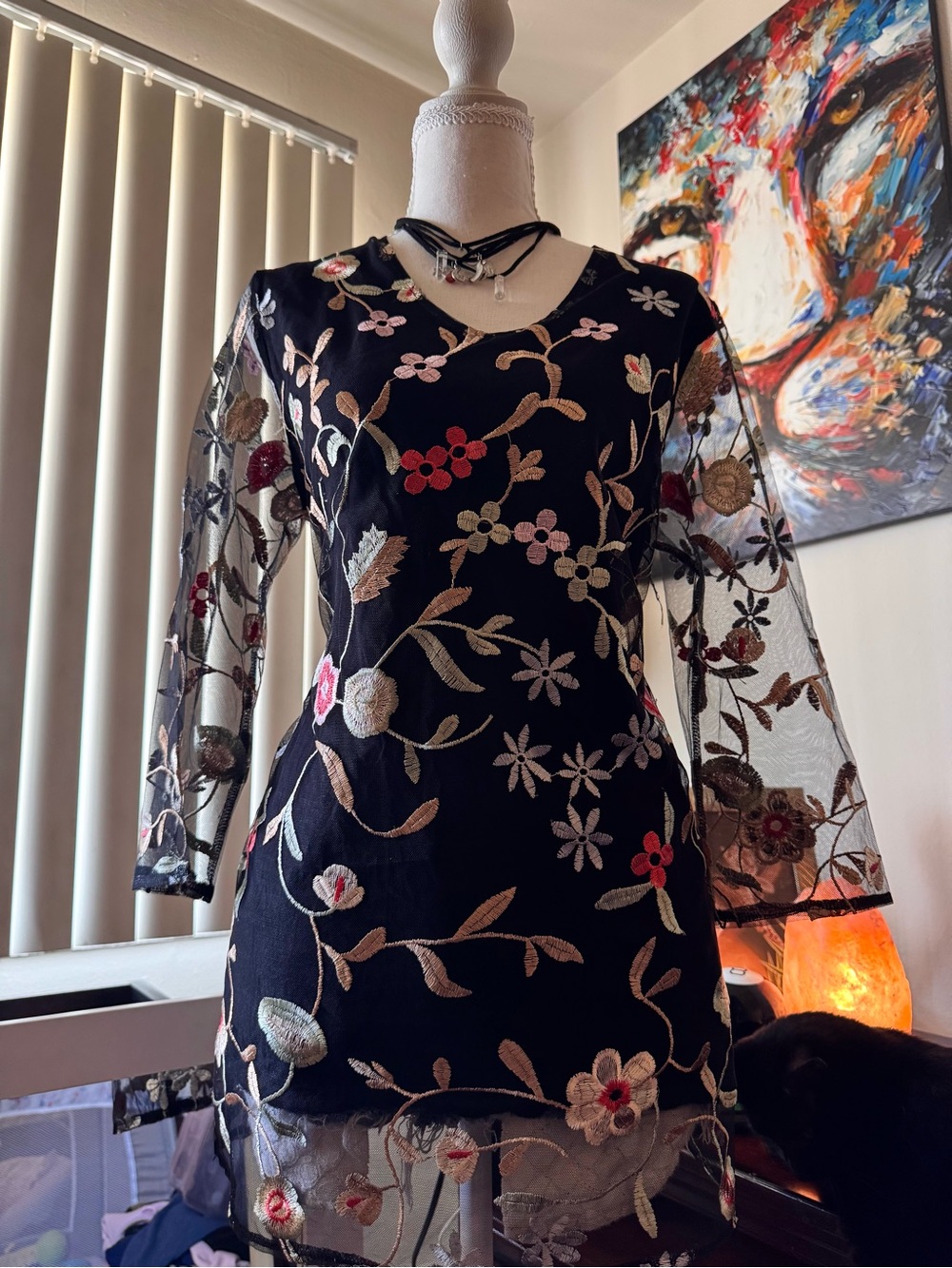 Black Floral Embroidered V-Neck Mesh Blouse